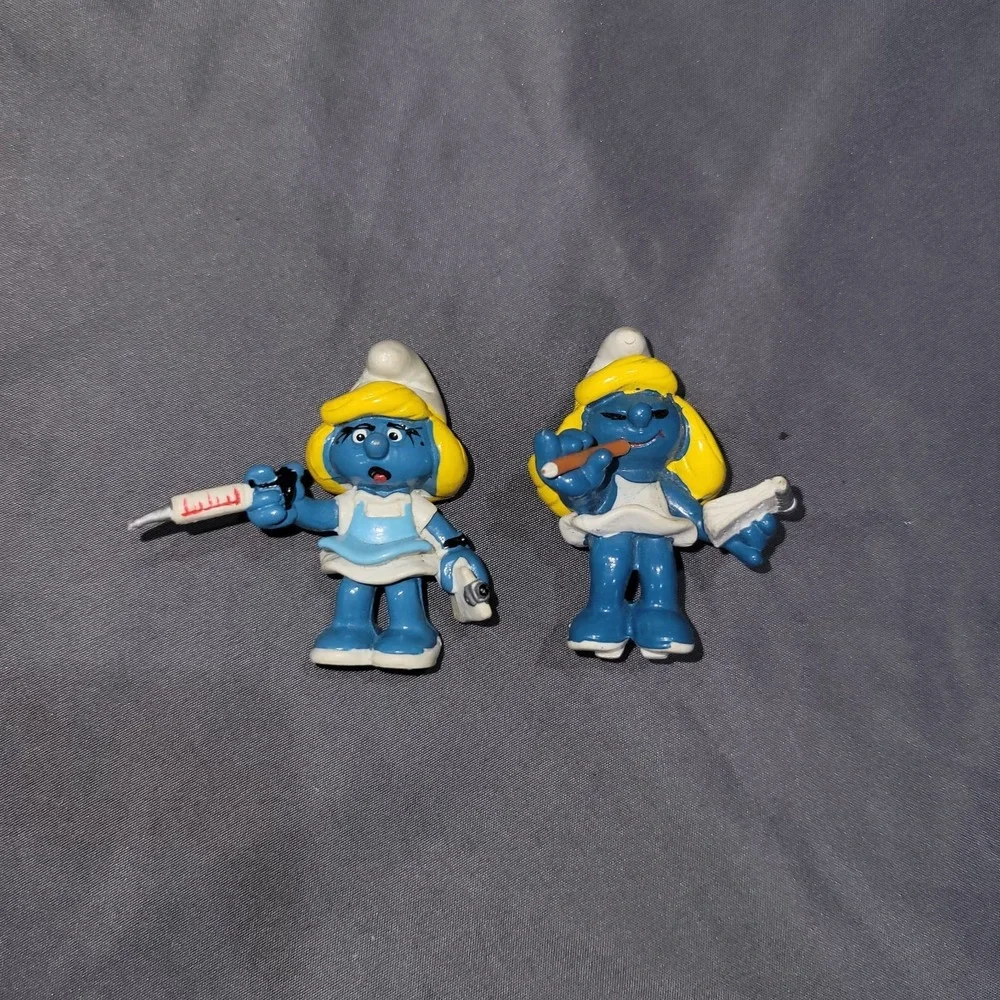 Vintage 1981 Mini PVC Smurf Smurfette Nurse Schleich/Peyo Secretary Figures 2